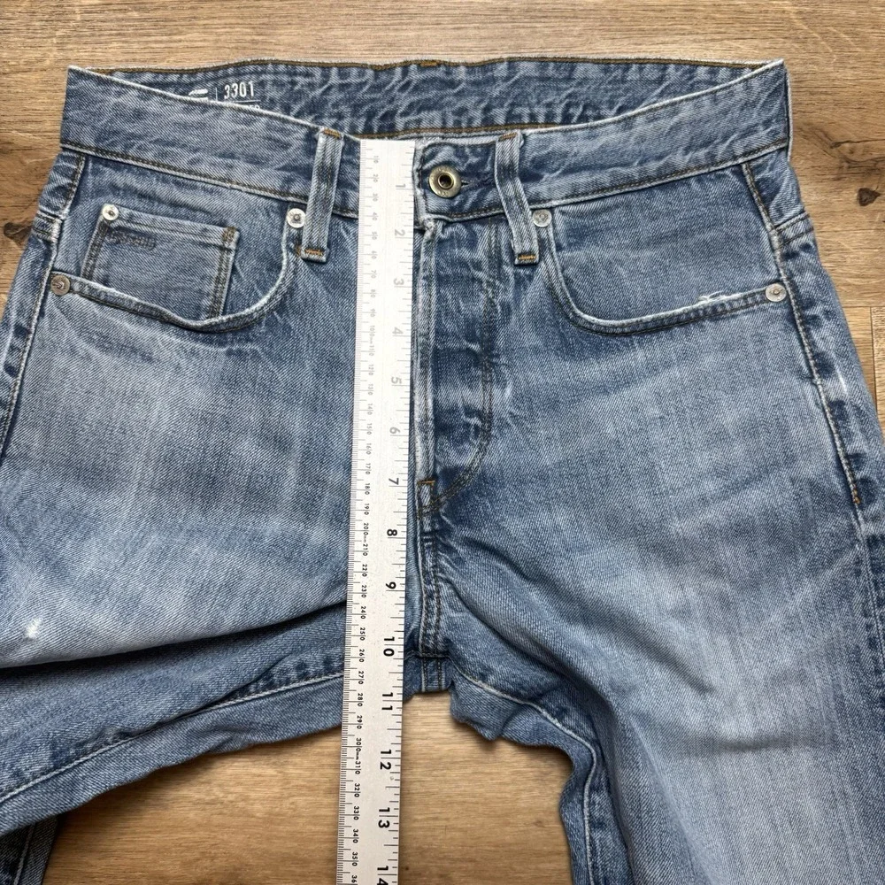 G-Star Raw 3301 Tapered Jeans Mens 27x30 Light Blue Distressed‎ Button Fly Pants